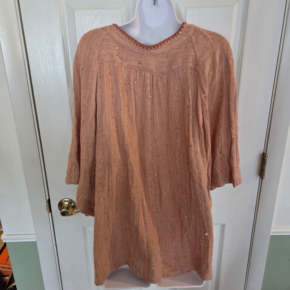Free People Terracotta Sequin Embroidered V-Neck Boho Tunic Top L Rose Blouse - Picture 7 of 7